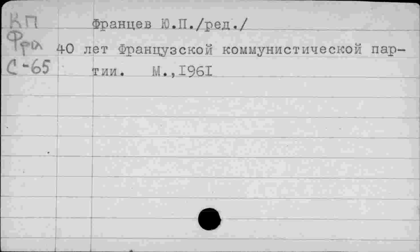 ﻿Францев Ю.П./ред./
40 лет Французской коммунистической пар тии. ы.,1961